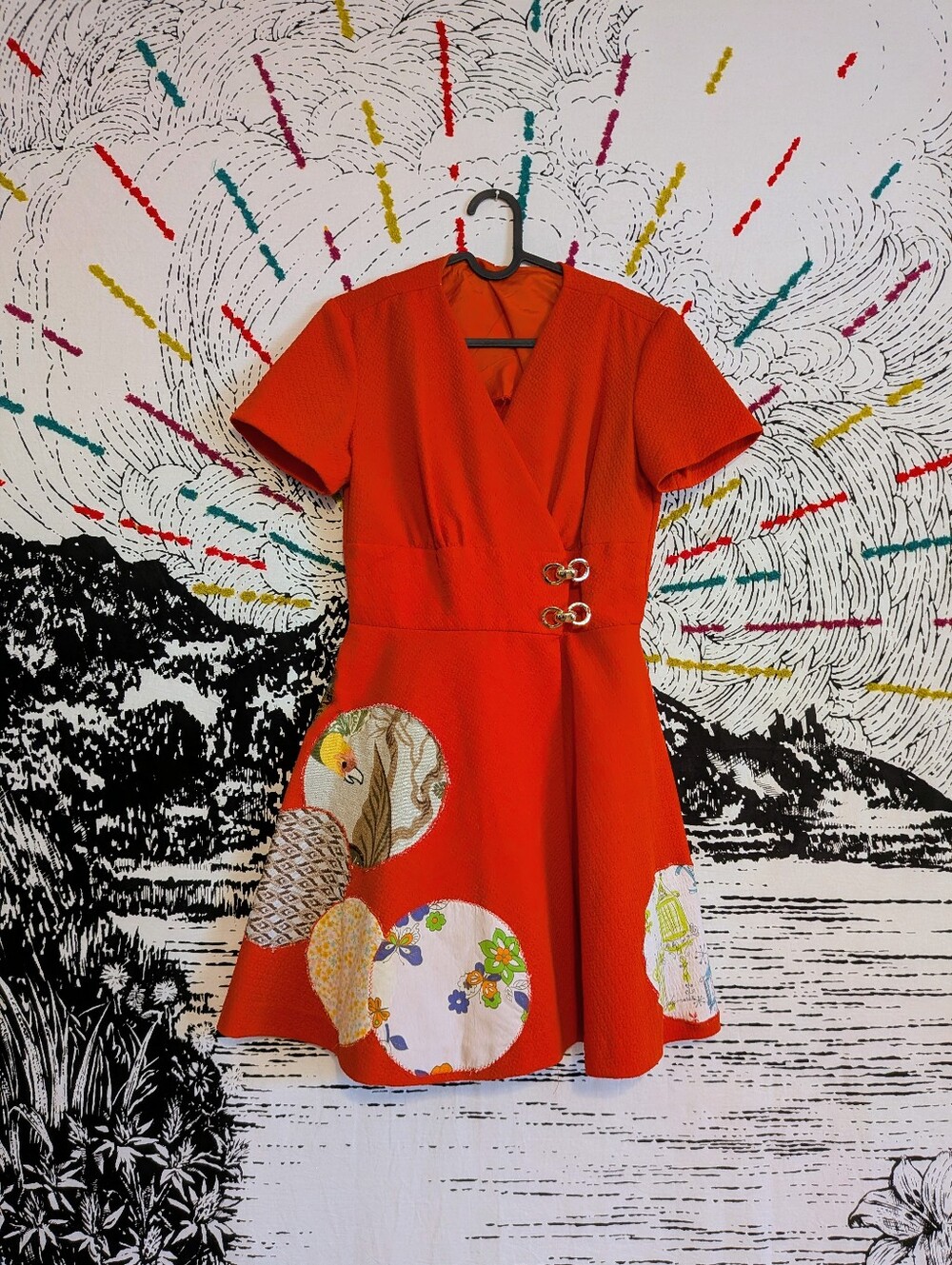 Vintage 60s 70s Refashioned Red Orange Mini Mod Wrap Dress